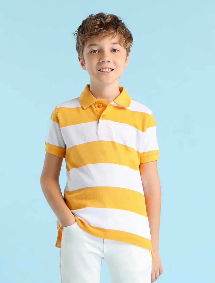 Boys Orange Horizontal Striped Regular Fit Polo Shirt