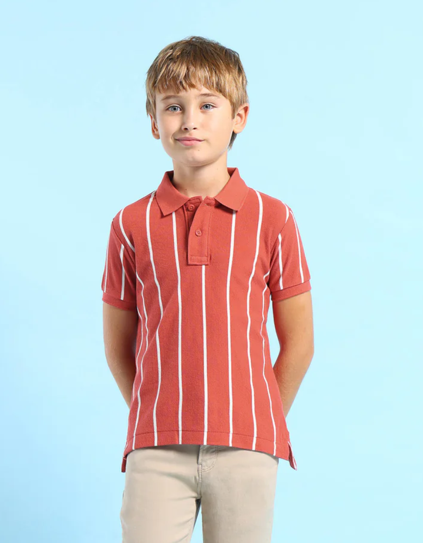 Boys Reddish Orange Vertical Striped Regular Fit Polo Shirt