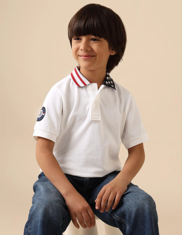 Boys Solid Flag Collar Pure Cotton Polo Shirt