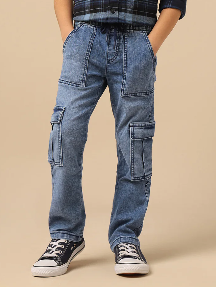 Boys Stone Washed Regular Fit Blue Cargo Jeans