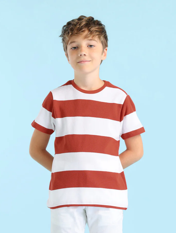 Boys Horizontal Striped Dark Orange Regular Fit T-Shirt
