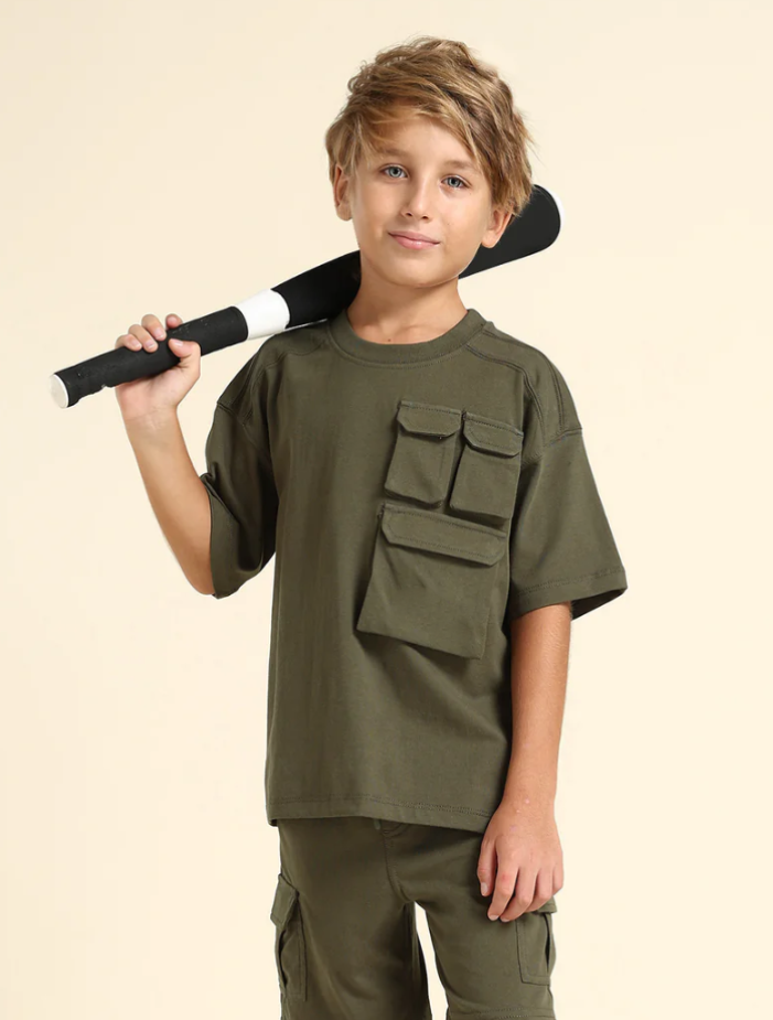 Boys Solid Regular Fit Cargo T-Shirt
