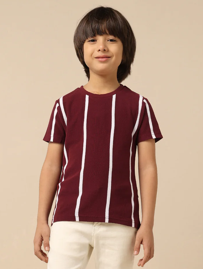 Boys Vertical Striped Maroon Regular Fit T-Shirt