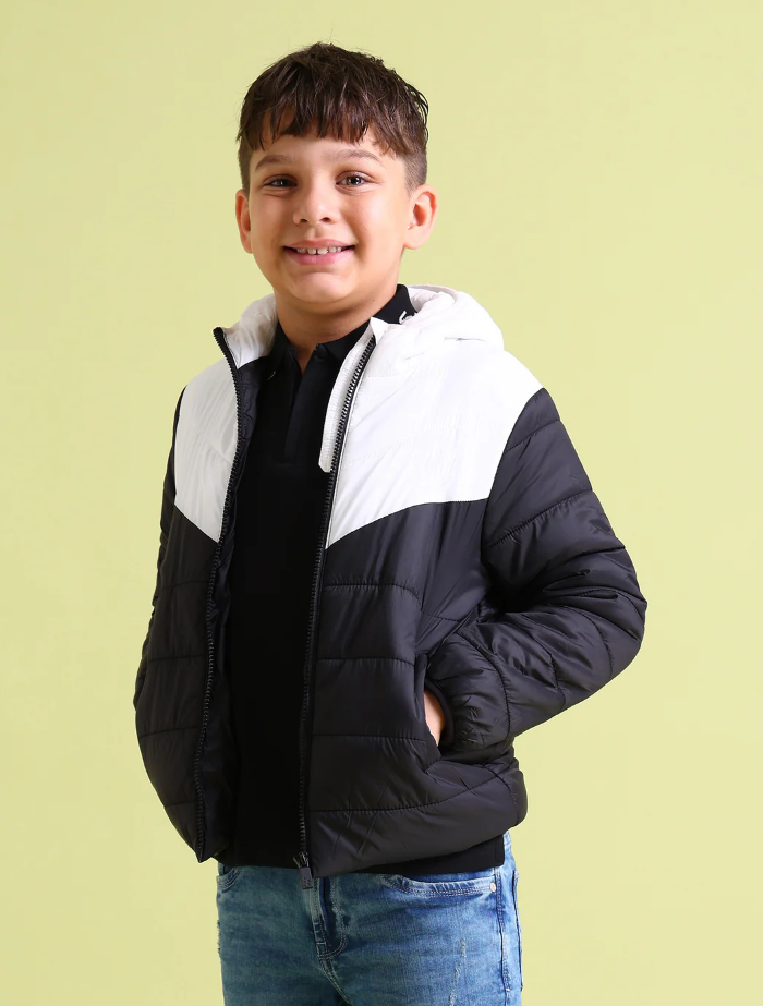 Boys Black And White Colour Block Puffer Jacket