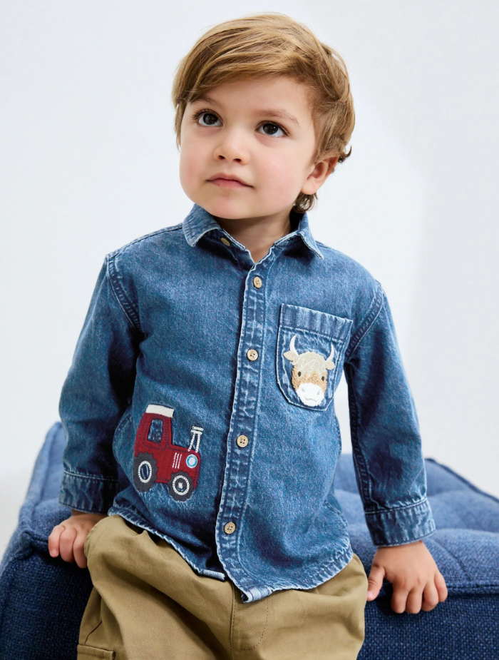Regular Fit Blue Character Embroidered Denim Shirt