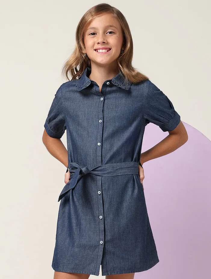 Girls Solid Denim Shirt Dress