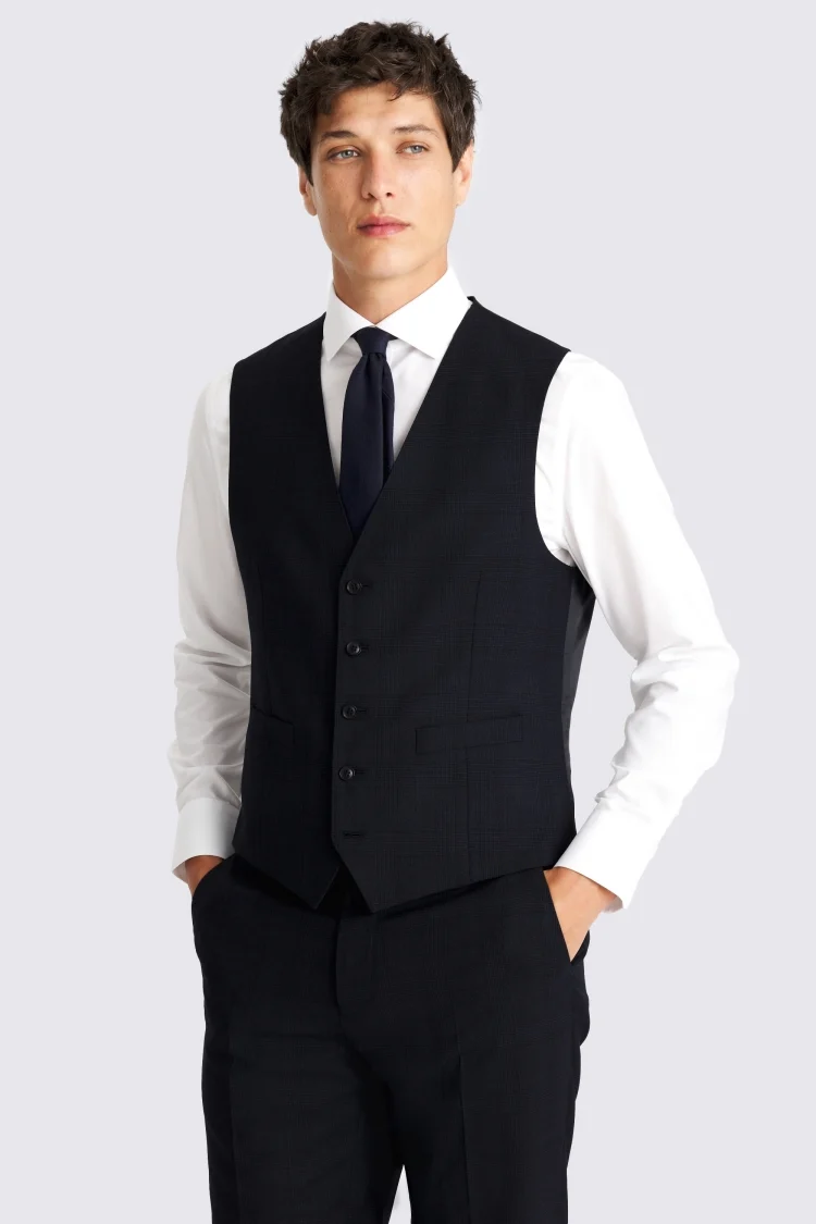 Half Canvas Slim Fit Navy Check Waistcoat