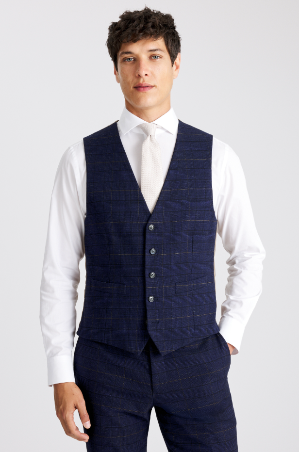 Slim Fit Navy Black Check Waistcoat