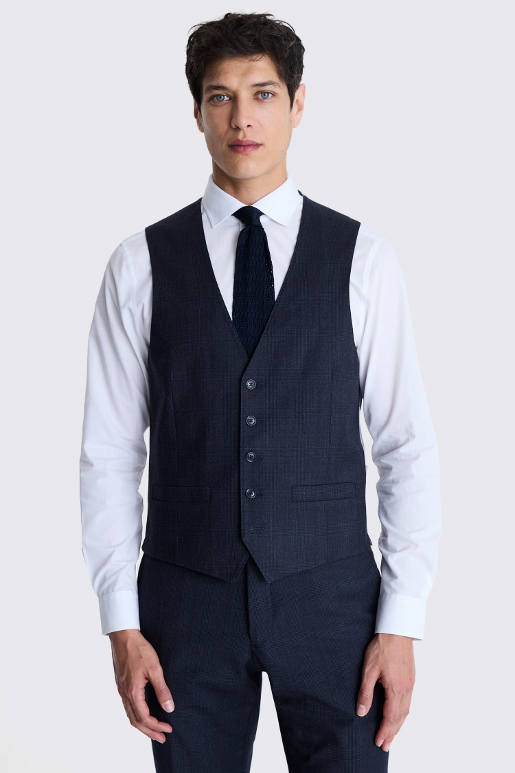 Slim Fit Navy Check Performance Waistcoat