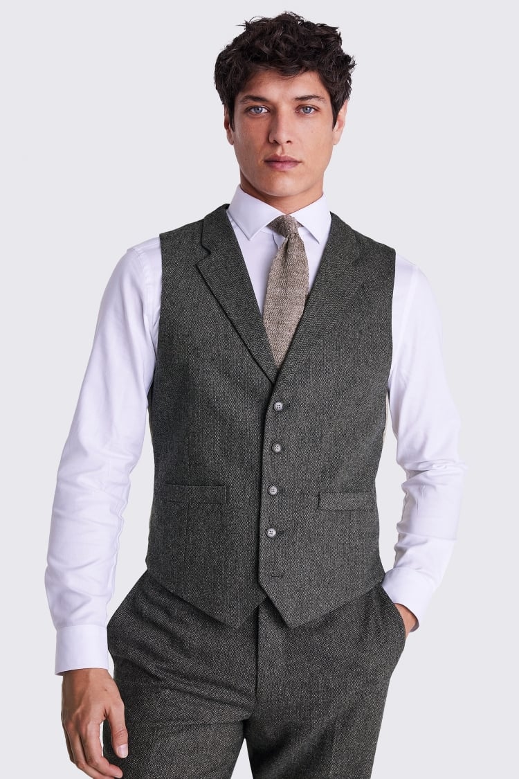 Slim Fit Olive Herringbone Waistcoat