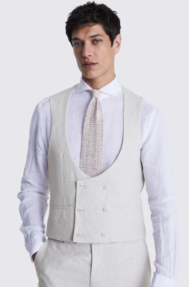 Slim Fit Stone Puppytooth Linen Waistcoat