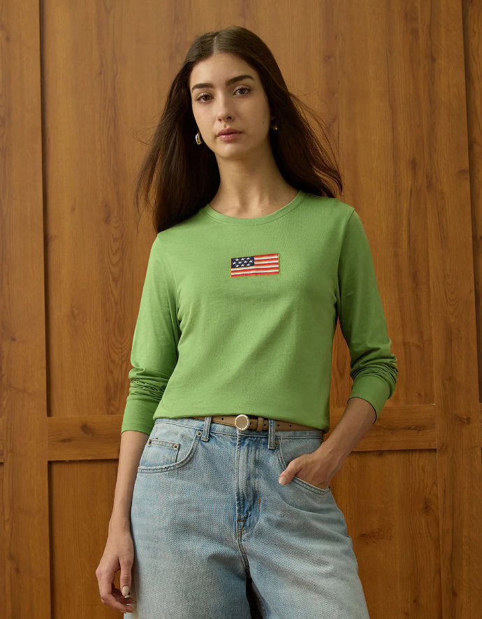 Crew Neck Flag Embroidered Full Sleeves Green T-Shirt