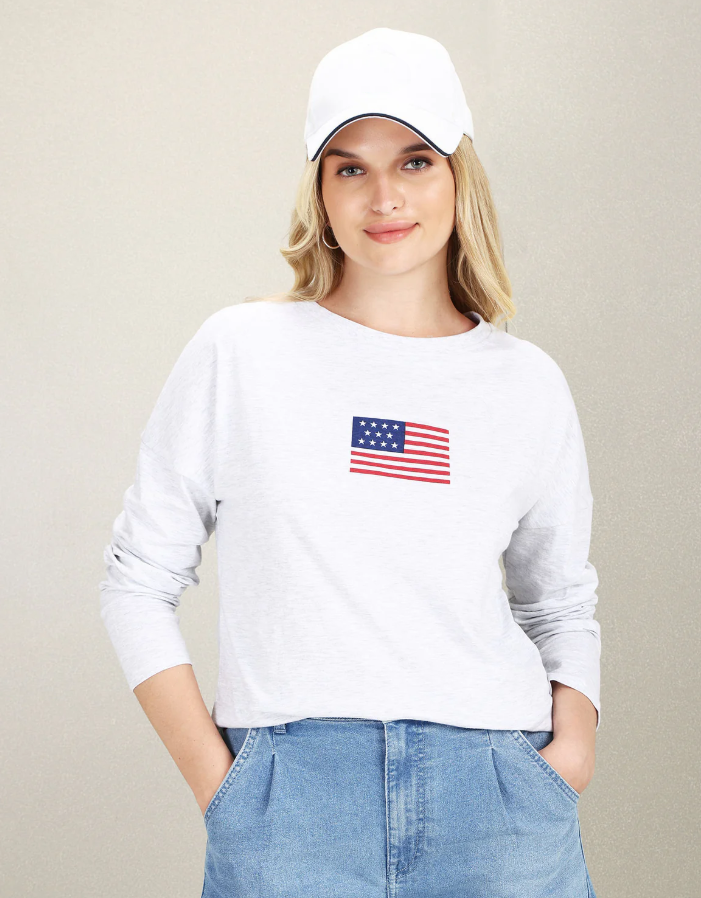 Long Sleeve Flag Print Heathered T-Shirt
