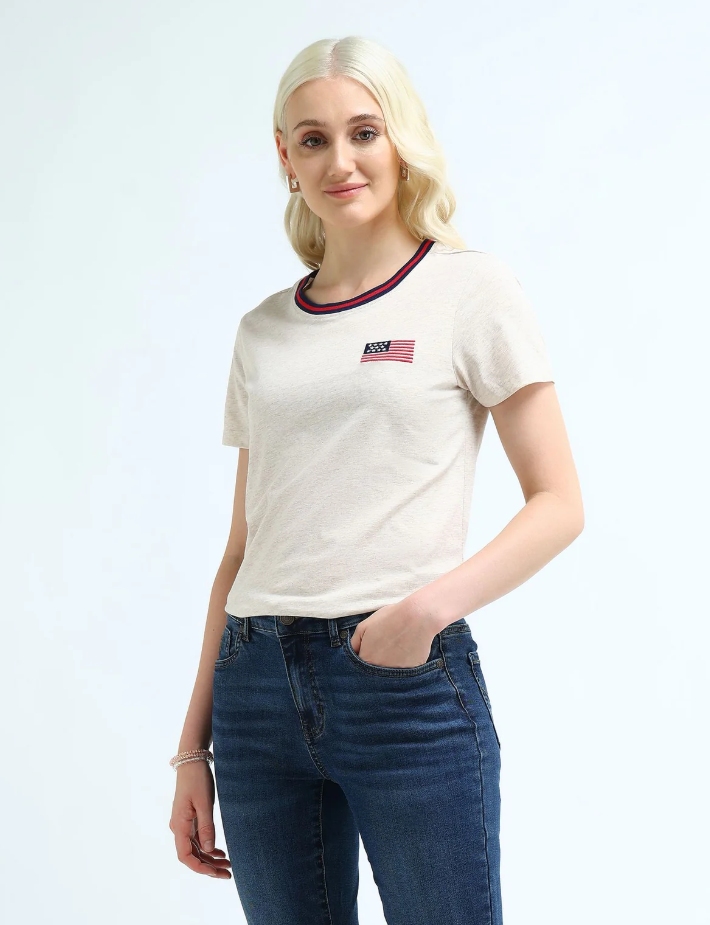 Regular Fit Solid Embroidered Beige T-Shirt